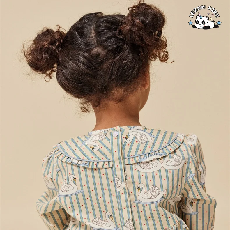 LEZONKIDS - Vestidos Personalizáveis de Alta Qualidade para Meninas com Mangas Longas para Primavera e Outono com Impressão de Cisne e Listras Azuis